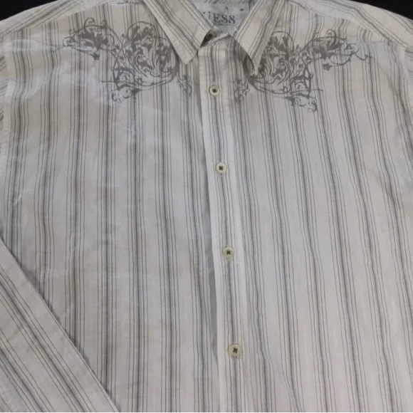 Guess Mens White Striped Print Long Sleeve Button Up Shirt Size XL - Picture 3 of 7